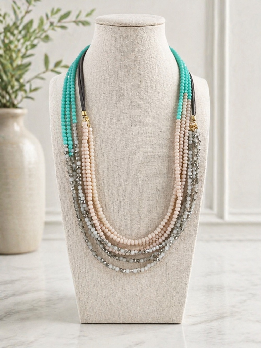 Layered Beaded Statement Necklace in Turquoise and Neutral Tones